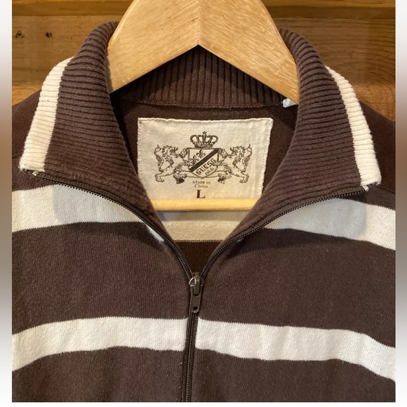 BROWN GUESS USA cream striped Sweater full ZIP up Pockets mock neck mens large L - Picture 7 of 16